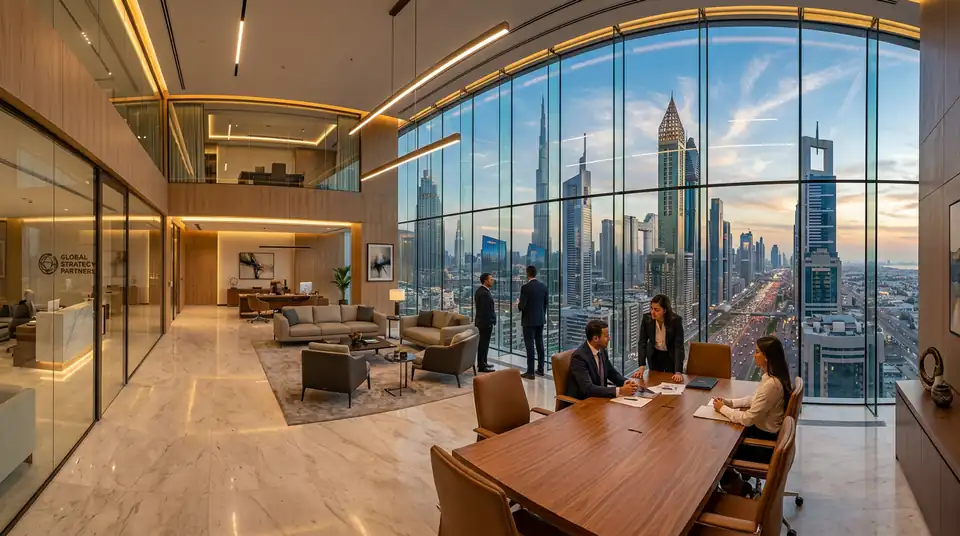 Luxury executive corporate office in Dubai overlooking Sheikh Zayed Road and Downtown mainland skyline for UAE company formation