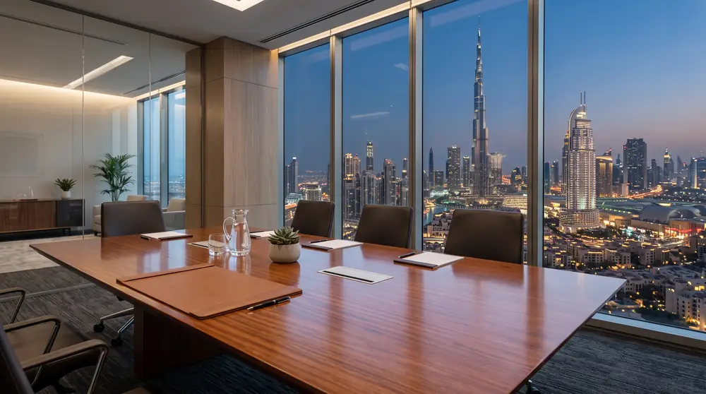 Modern executive office in Dubai overlooking Downtown skyline and Burj Khalifa for business setup and company formation in UAE